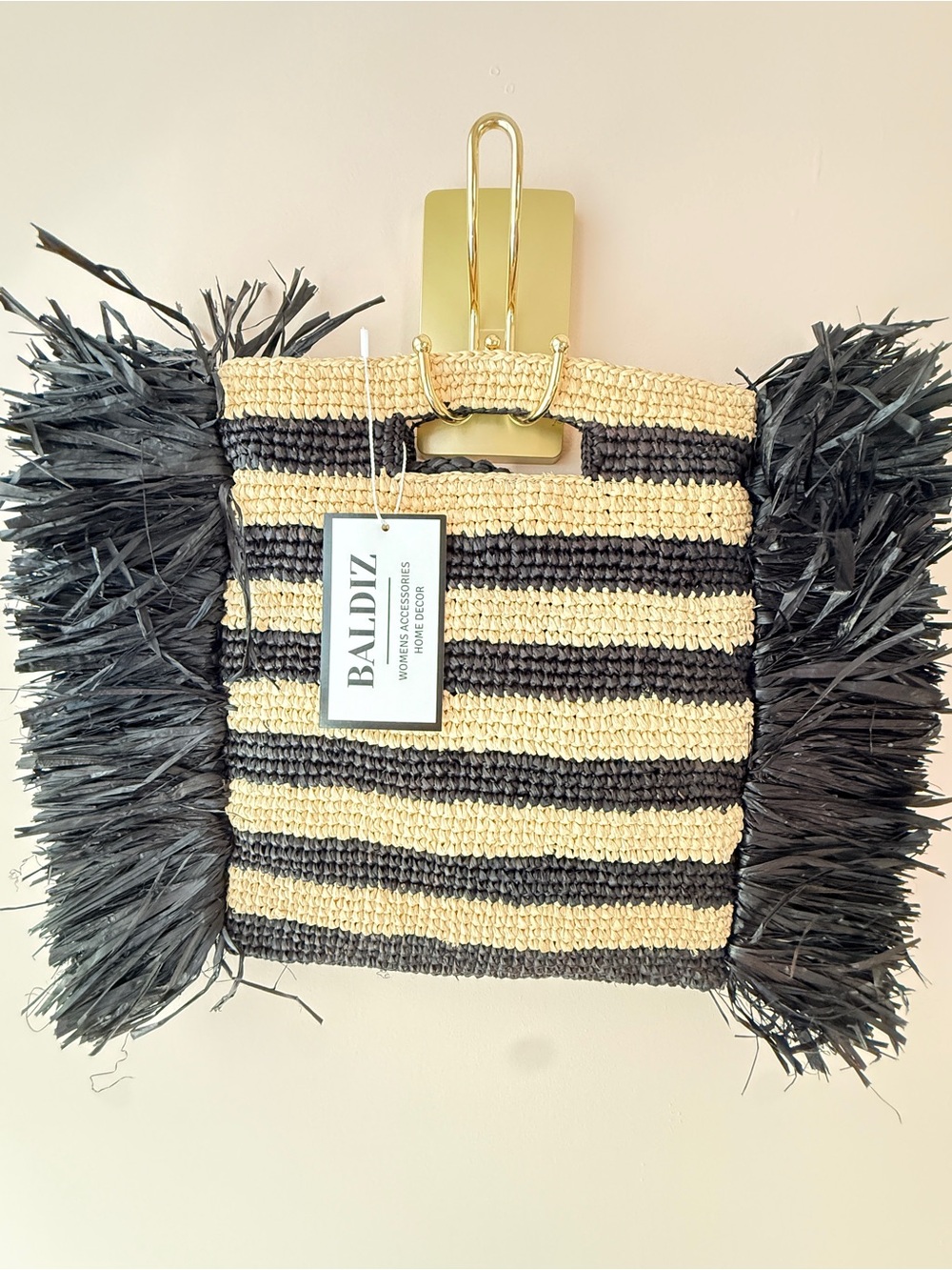 Baldiz Raffia Fringe Tote NWT Black Natural Striped Woven Beach Bag Crossbody